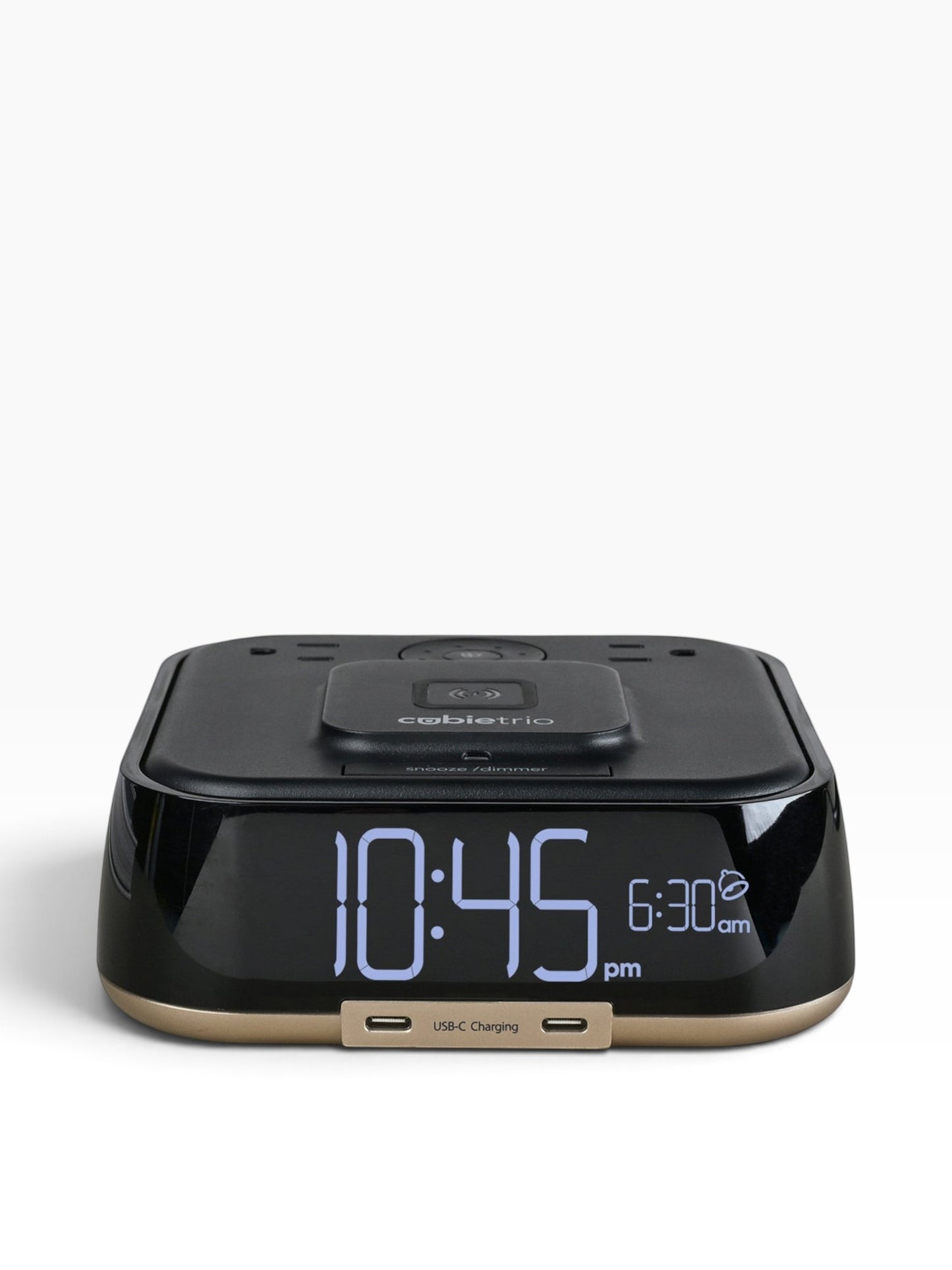 Valiant Products CubieTrio black hotel alarm clock with wireless charging pad, digital display, and two USB-C ports.