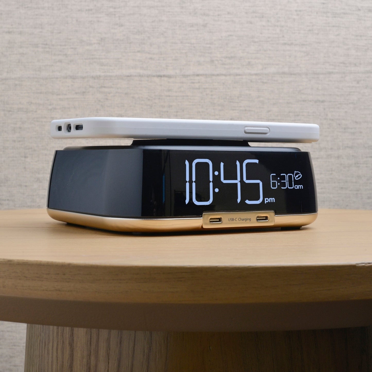 Valiant Products CubieTrio alarm clock in champagne finish with wireless phone charging and dual USB-C ports