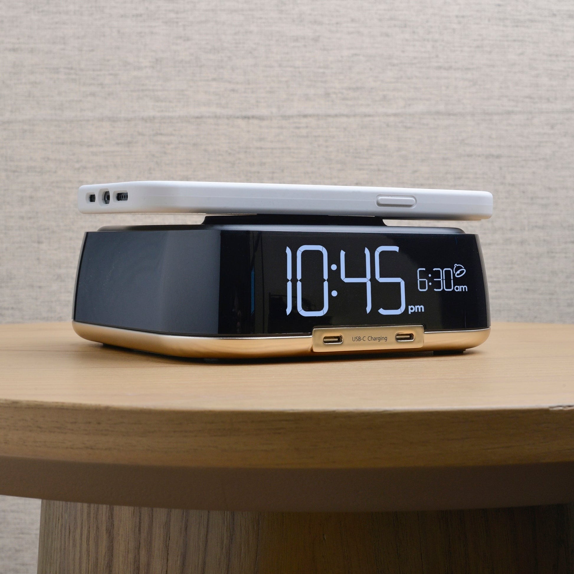 Valiant Products CubieTrio alarm clock in champagne finish with wireless phone charging and dual USB-C ports