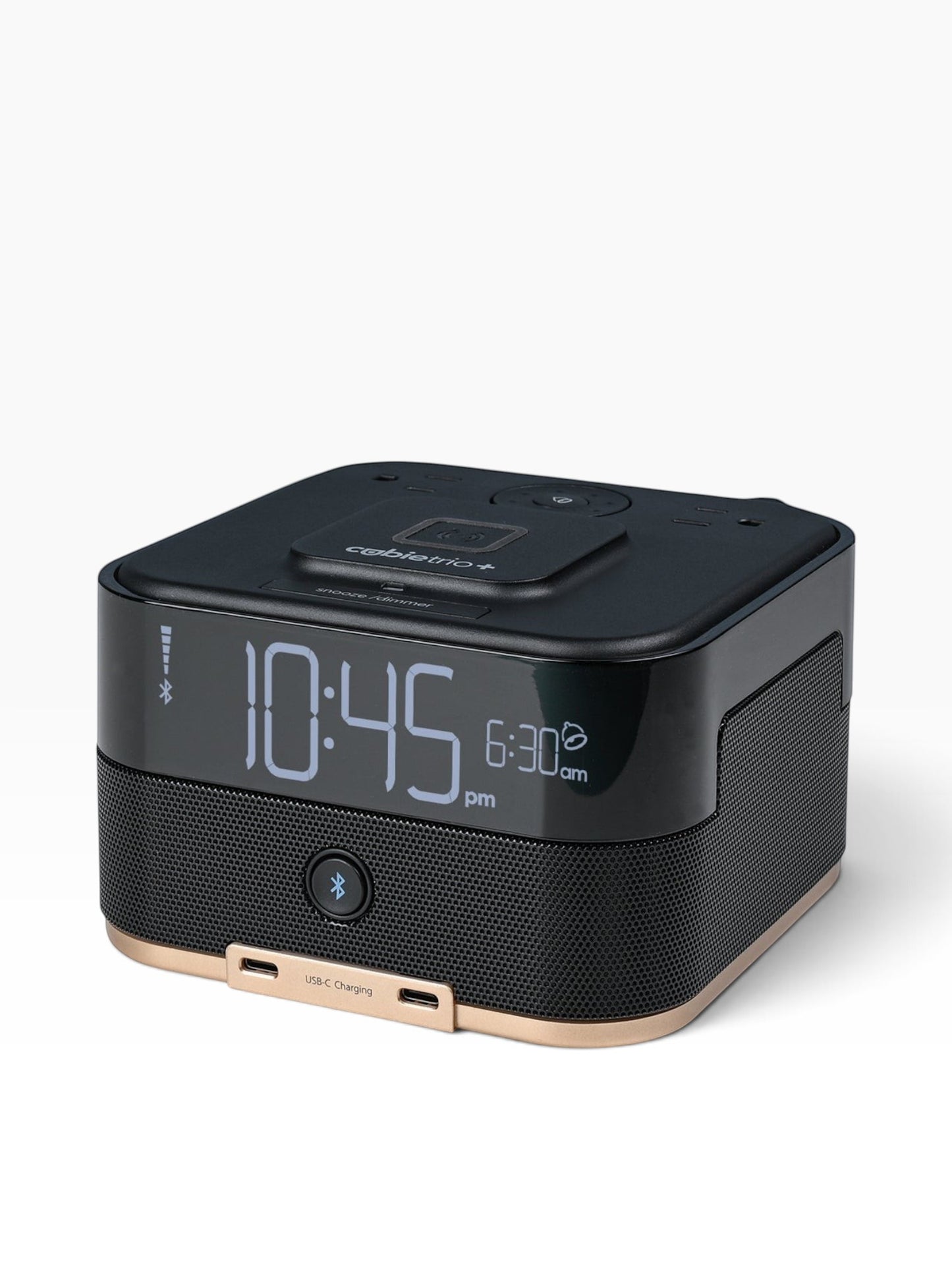 Valiant Products CubieTrio+ black alarm clock with Bluetooth speaker, wireless charging pad, and dual USB-C ports.