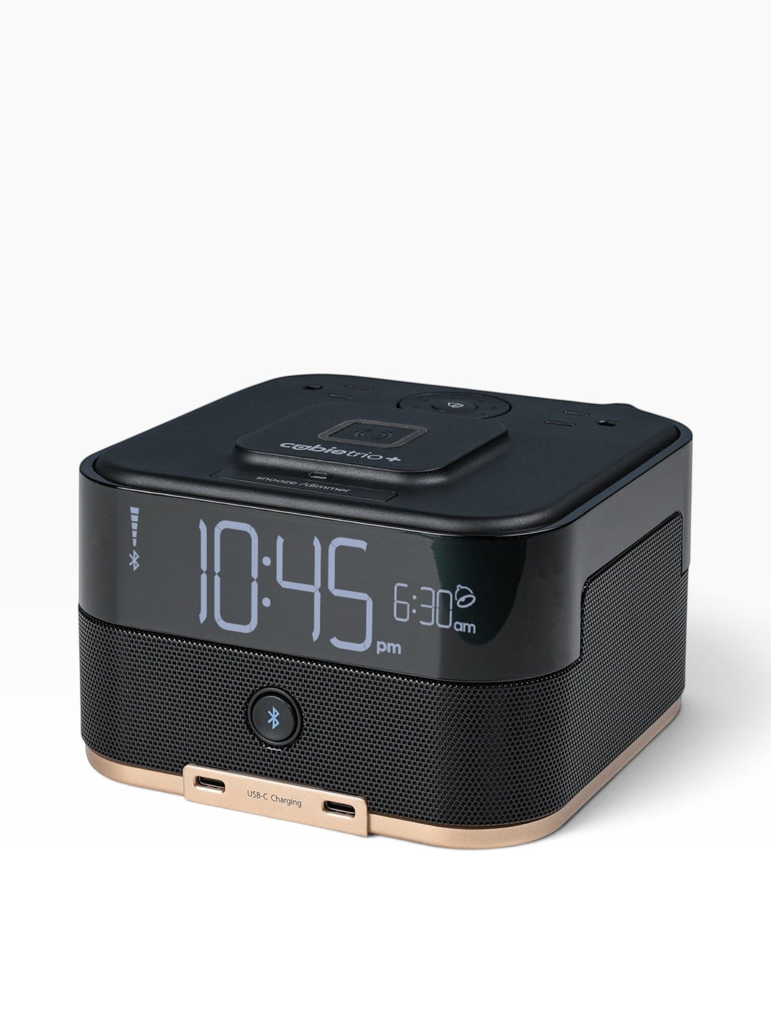 Valiant Products CubieTrio+ black alarm clock with Bluetooth speaker, wireless charging pad, and dual USB-C ports.