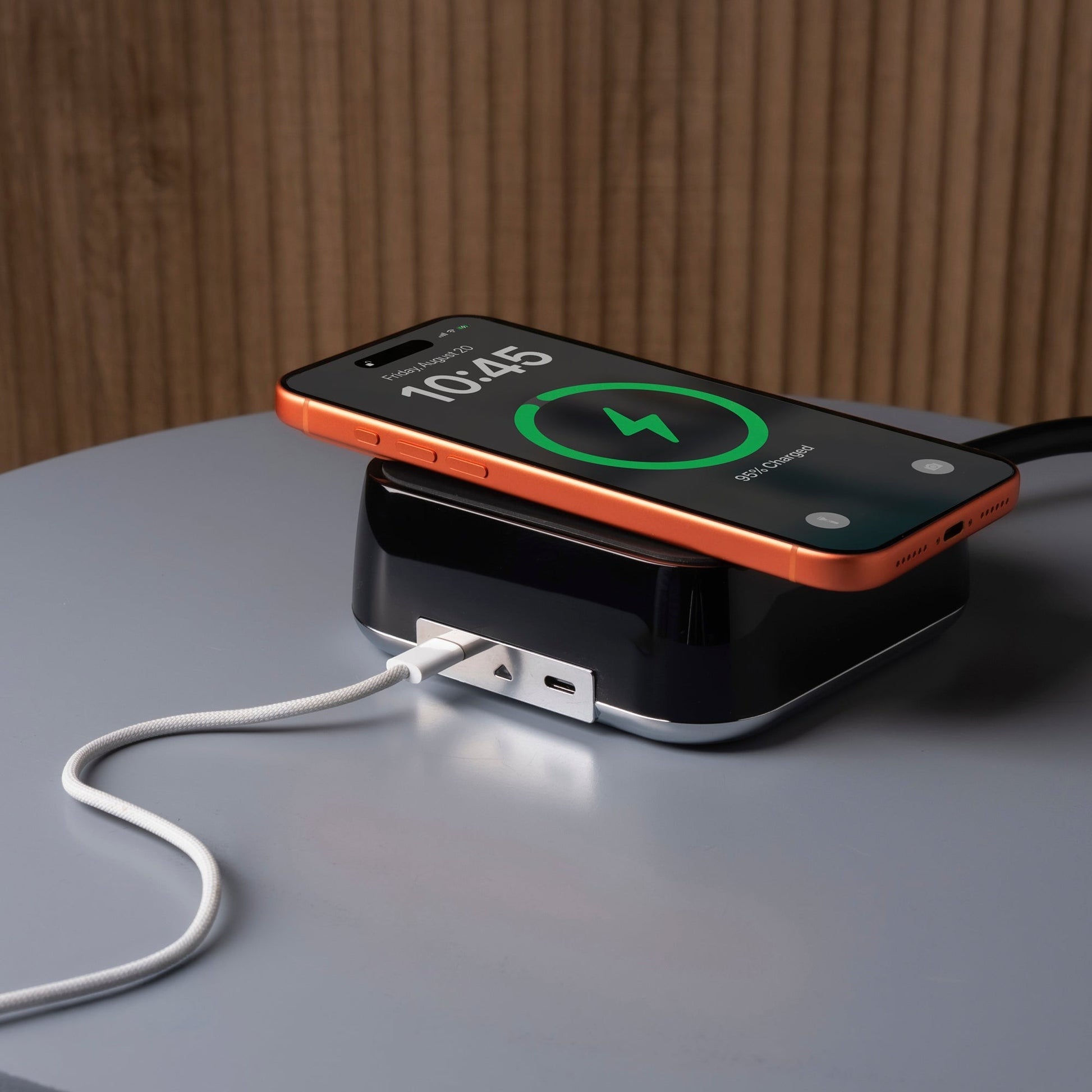 Valiant Products CubieVia black charging block with wireless phone charger, USB-C port, and sleek compact design.