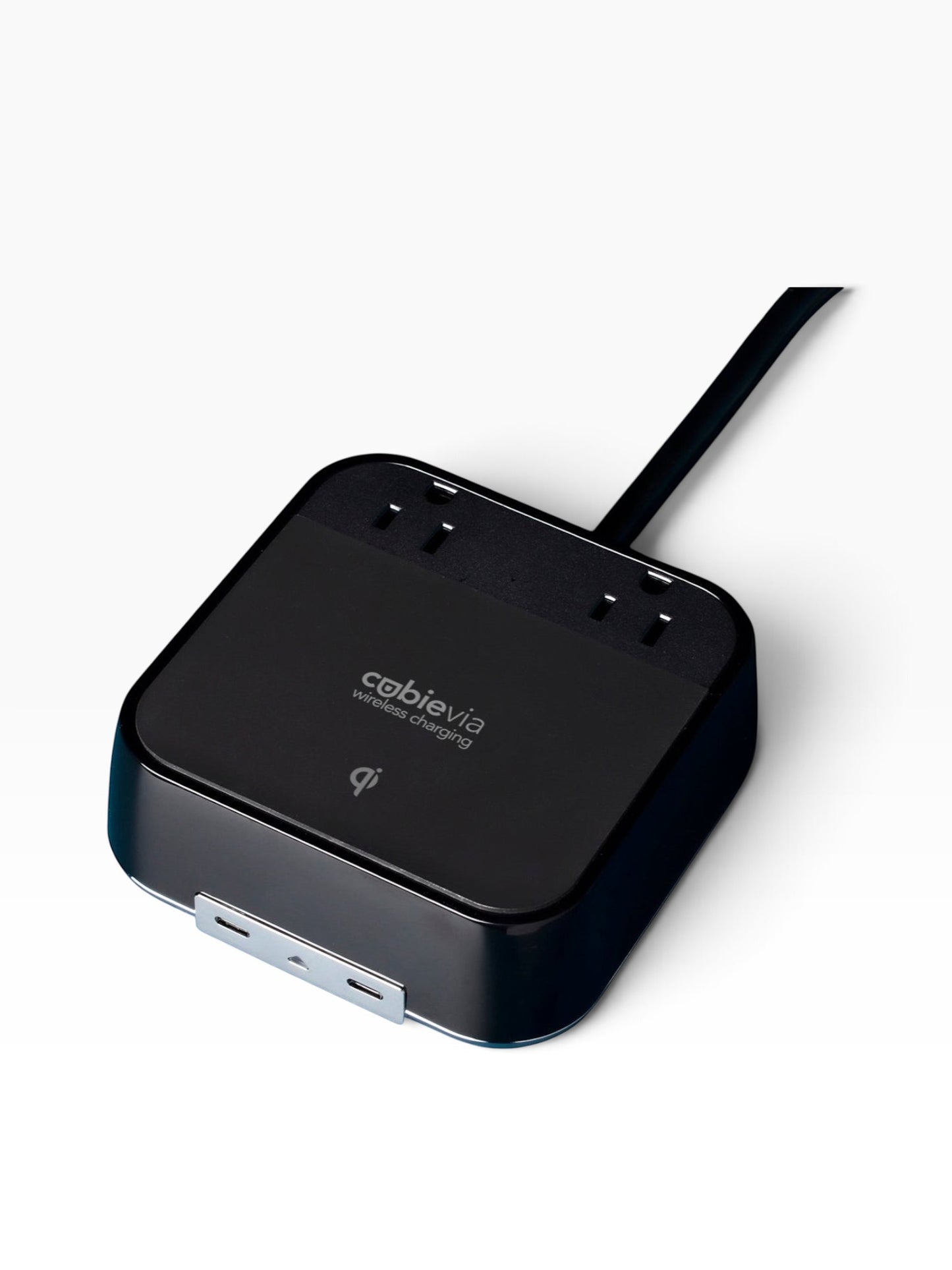 Valiant Products CubieVia black charging block with two AC outlets, two USB-C ports, and Qi wireless charging pad.