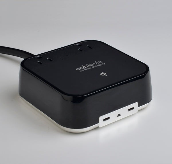 Valiant Products CubieVia black charging block with wireless pad, two AC outlets, and two USB-C ports.