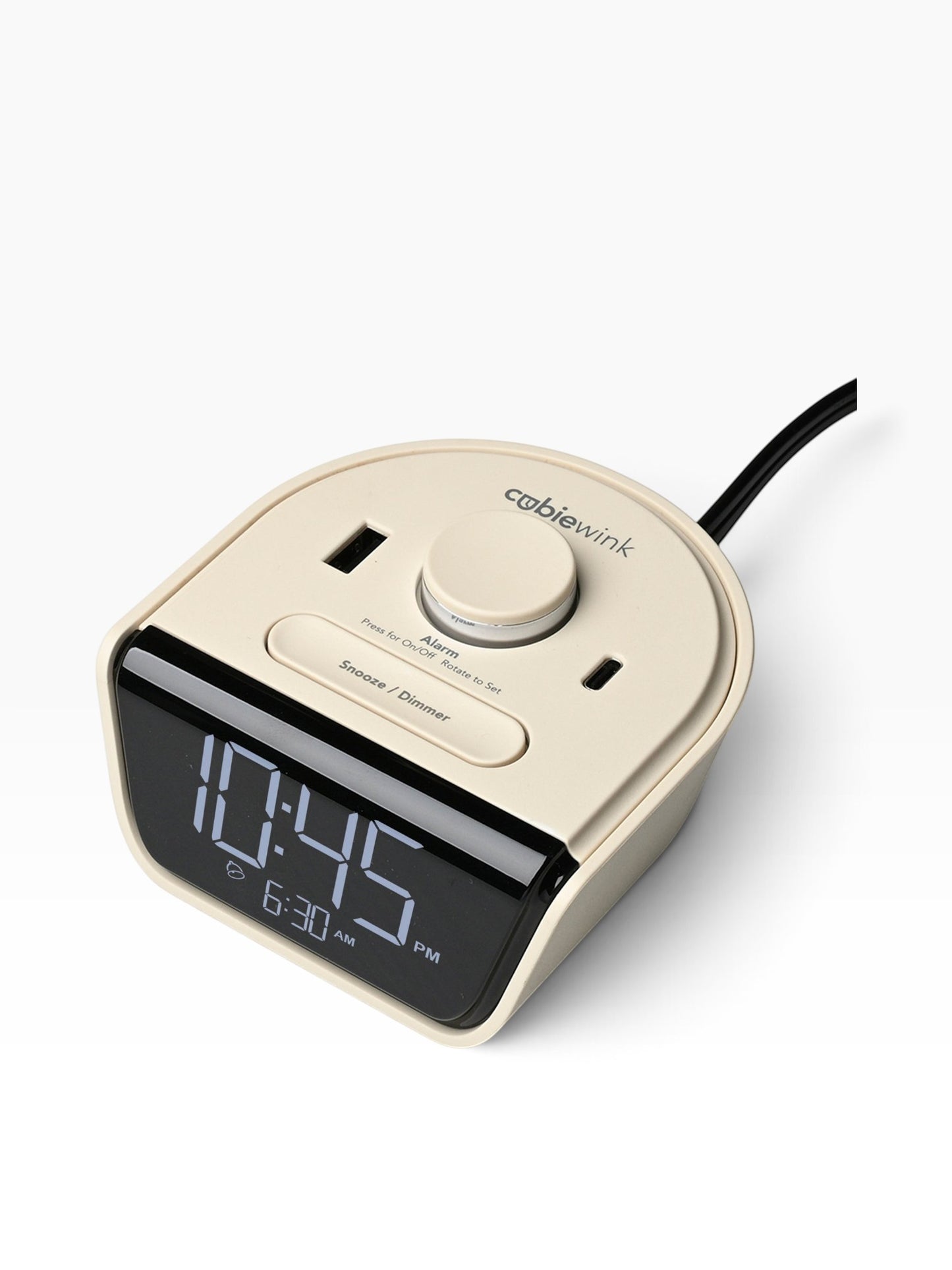 Valiant Products CubieWink latte-colored compact hotel alarm clock with USB-A and USB-C charging ports