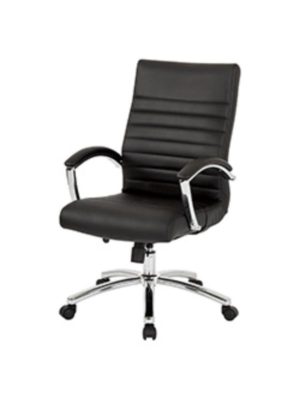 Valiant Products Cussler mid-back ergonomic office chair in black faux leather with polished chrome base and arms.