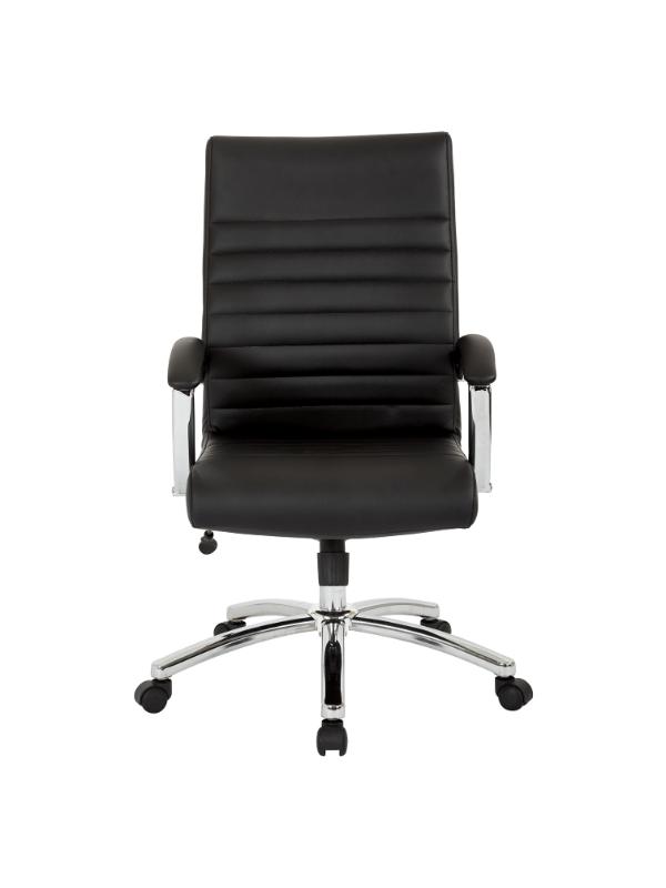 Valiant Products Cussler mid-back office chair in black faux leather with polished chrome arms and a 5-star base.