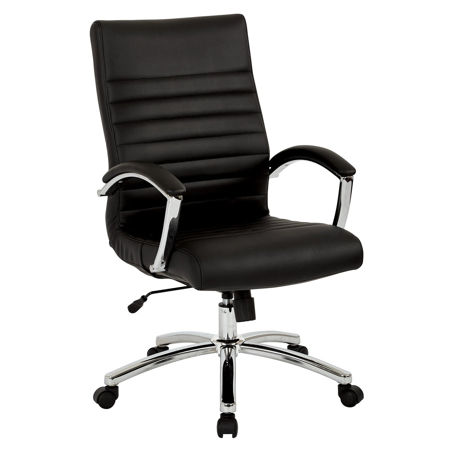 Valiant Products Cussler mid-back office chair in black faux leather with polished chrome arms and a 5-star base.