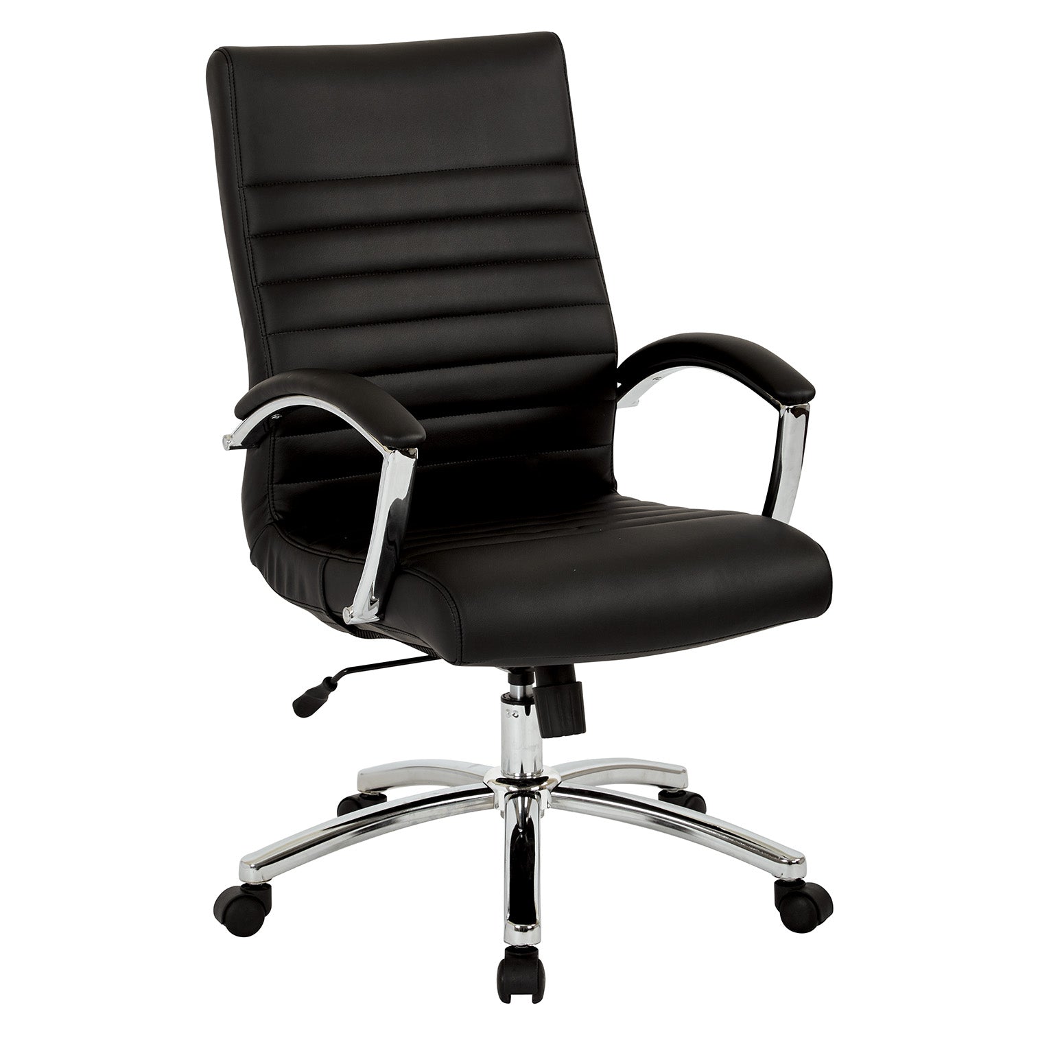 Valiant Products Cussler mid-back office chair in black faux leather with polished chrome arms and a 5-star base.