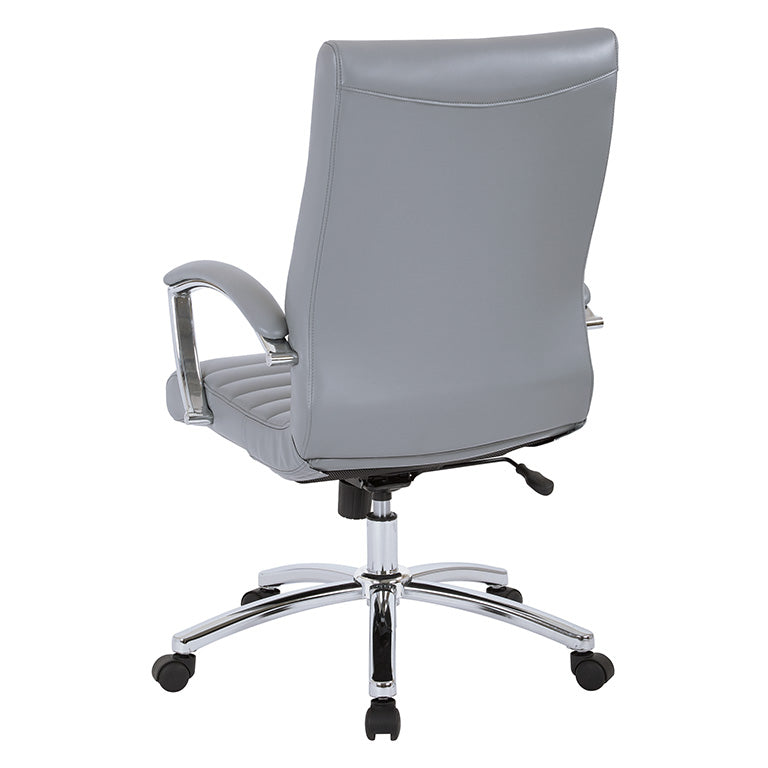 Valiant Products Cussler mid-back office chair in grey faux leather with polished chrome base and padded armrests