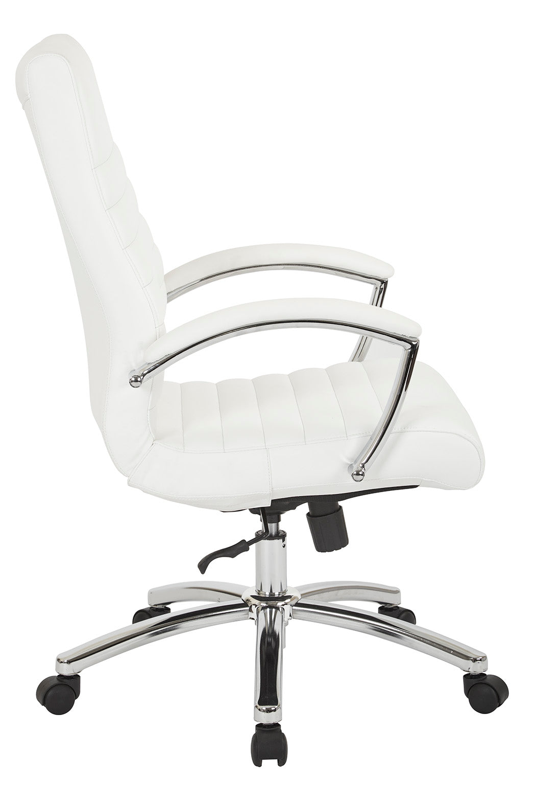 Valiant Products Cussler mid-back ergonomic office chair in white faux leather with polished chrome arms and base.