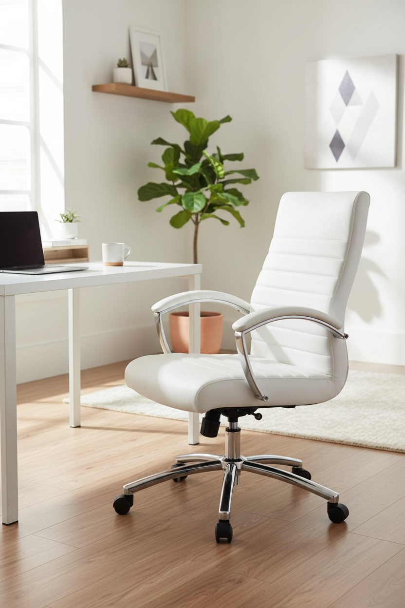 Valiant Products Cussler mid-back ergonomic office chair in white faux leather with polished chrome accents