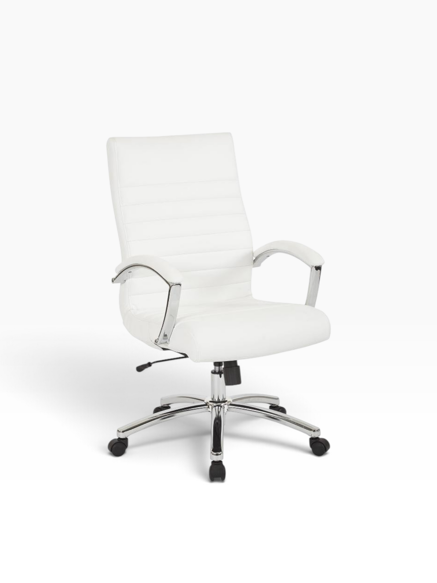 Valiant Products Cussler mid-back office chair in white faux leather with polished chrome arms and a 5-star base.