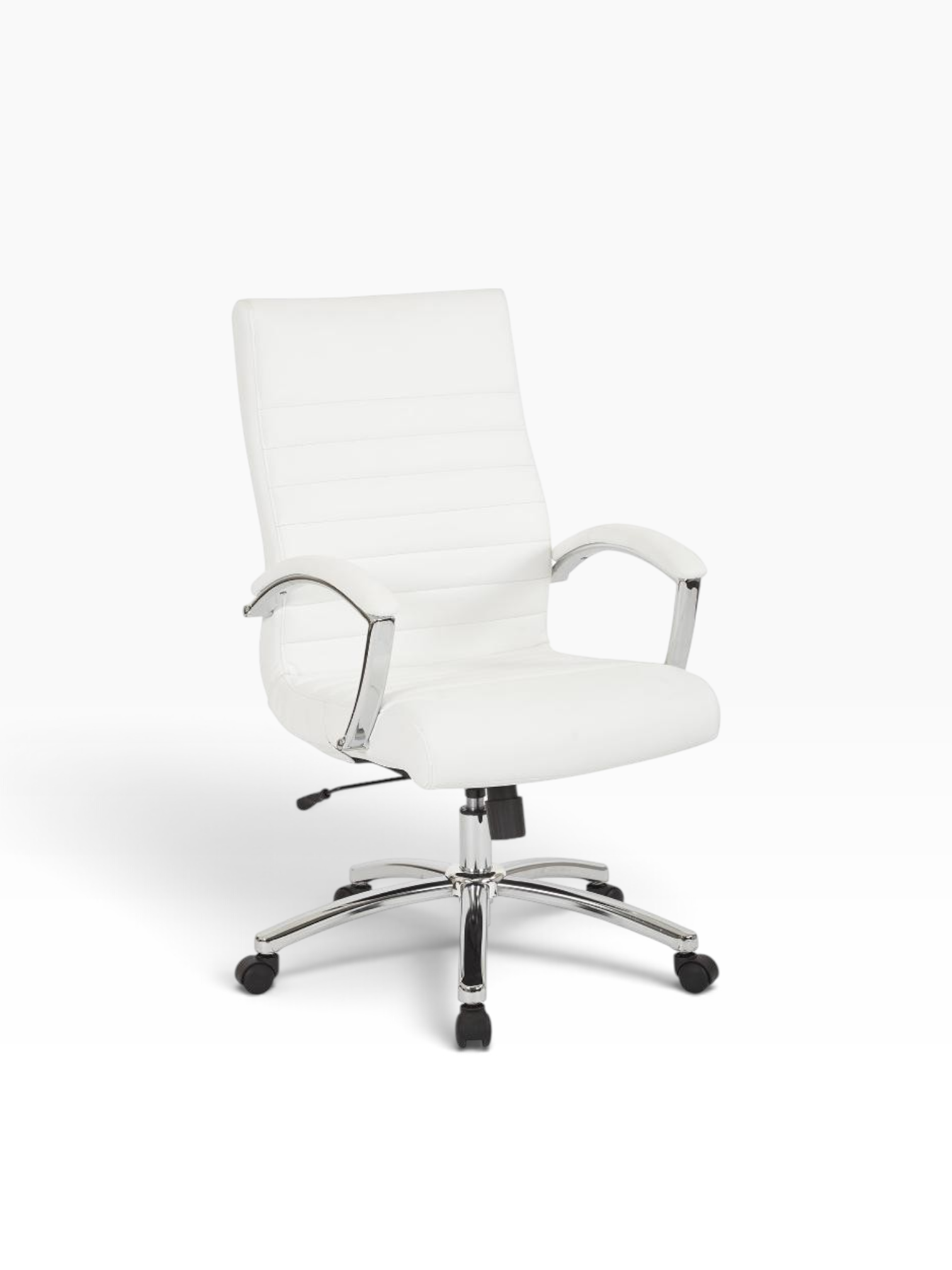 Valiant Products Cussler mid-back office chair in white faux leather with polished chrome arms and a 5-star base.