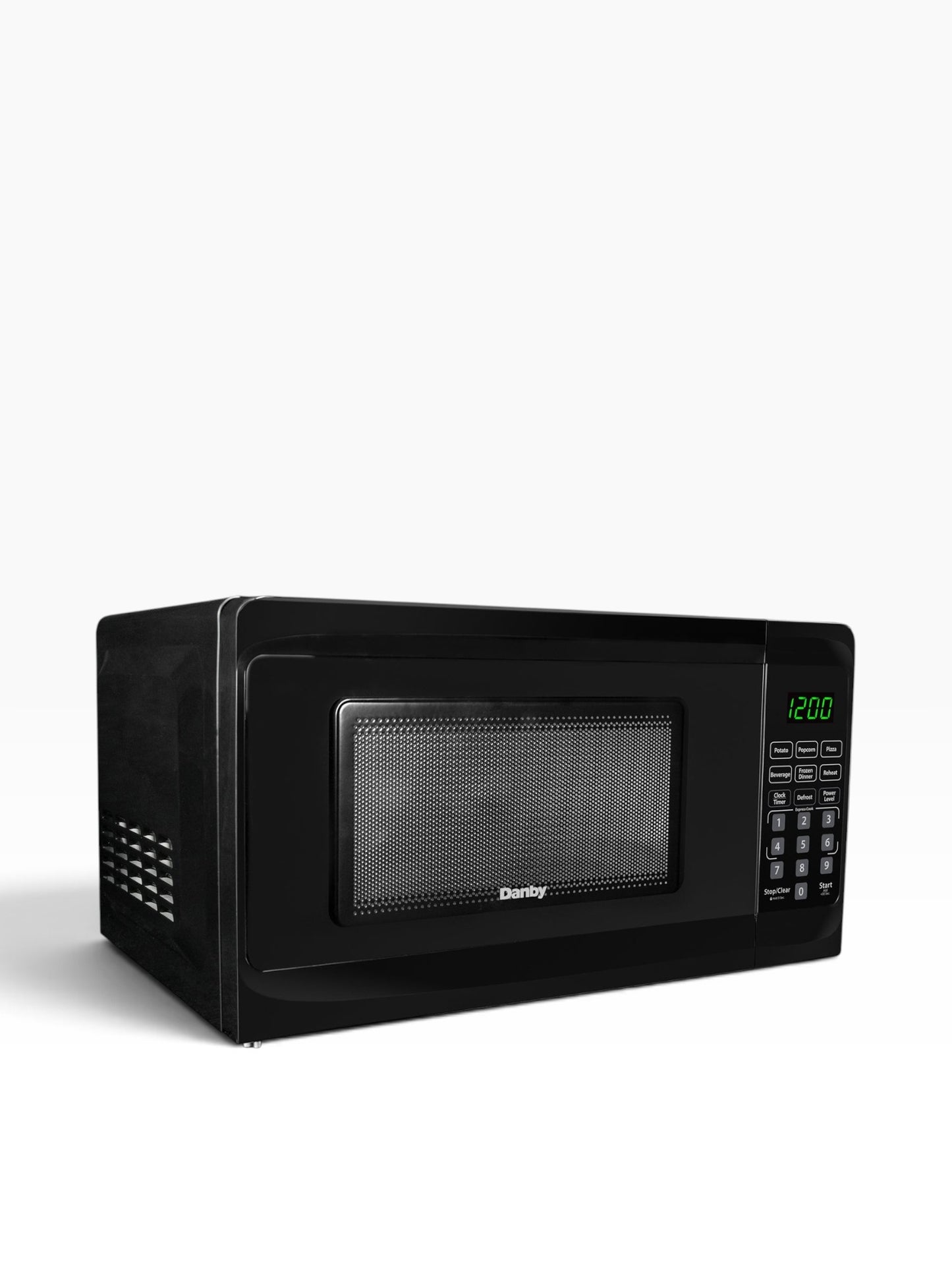 Valiant Products Danby 0.7 cu. ft. black countertop microwave with digital display and child safety lock feature.