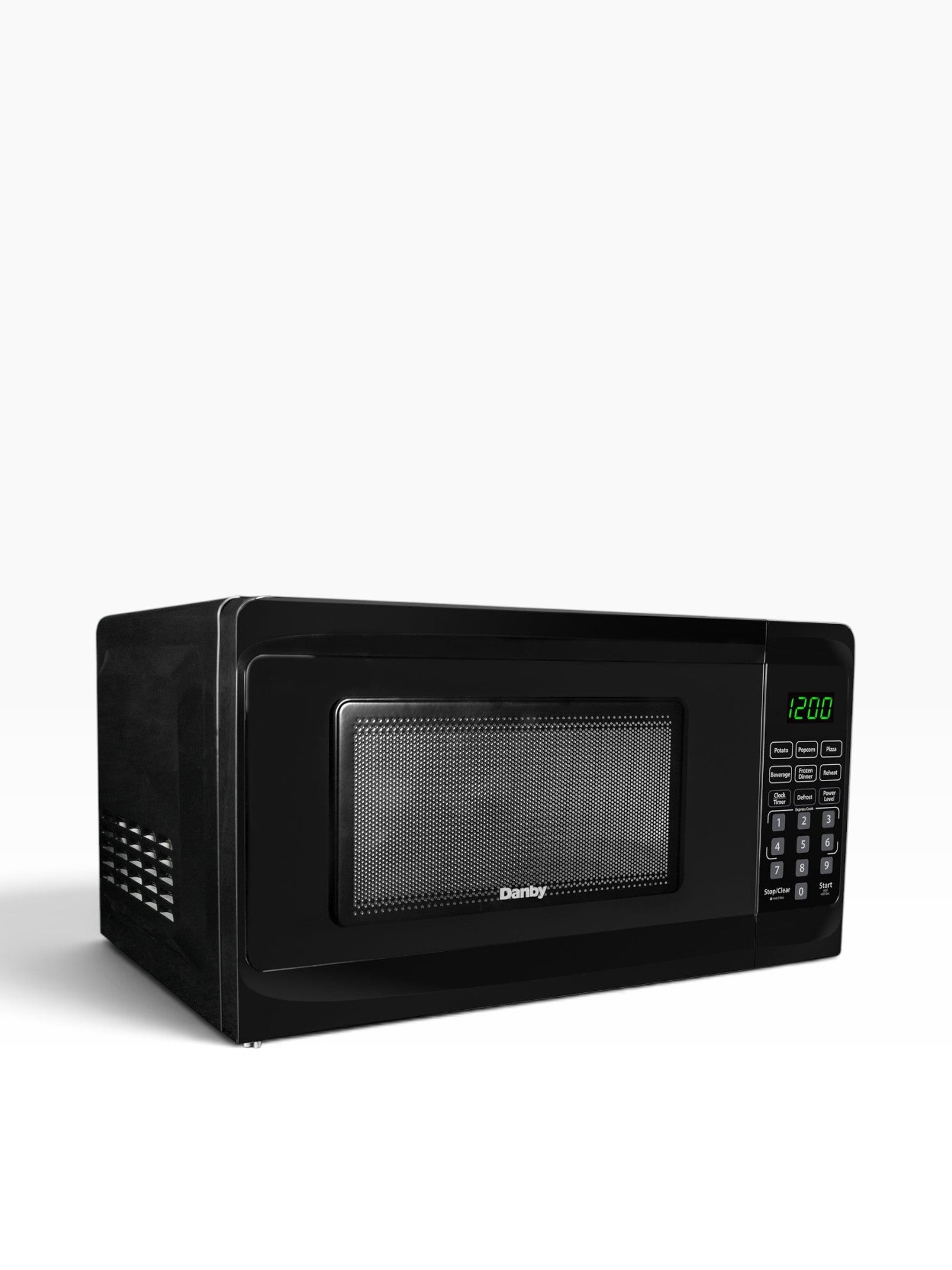 Valiant Products Danby 0.7 cu. ft. black countertop microwave with digital display and child safety lock feature.
