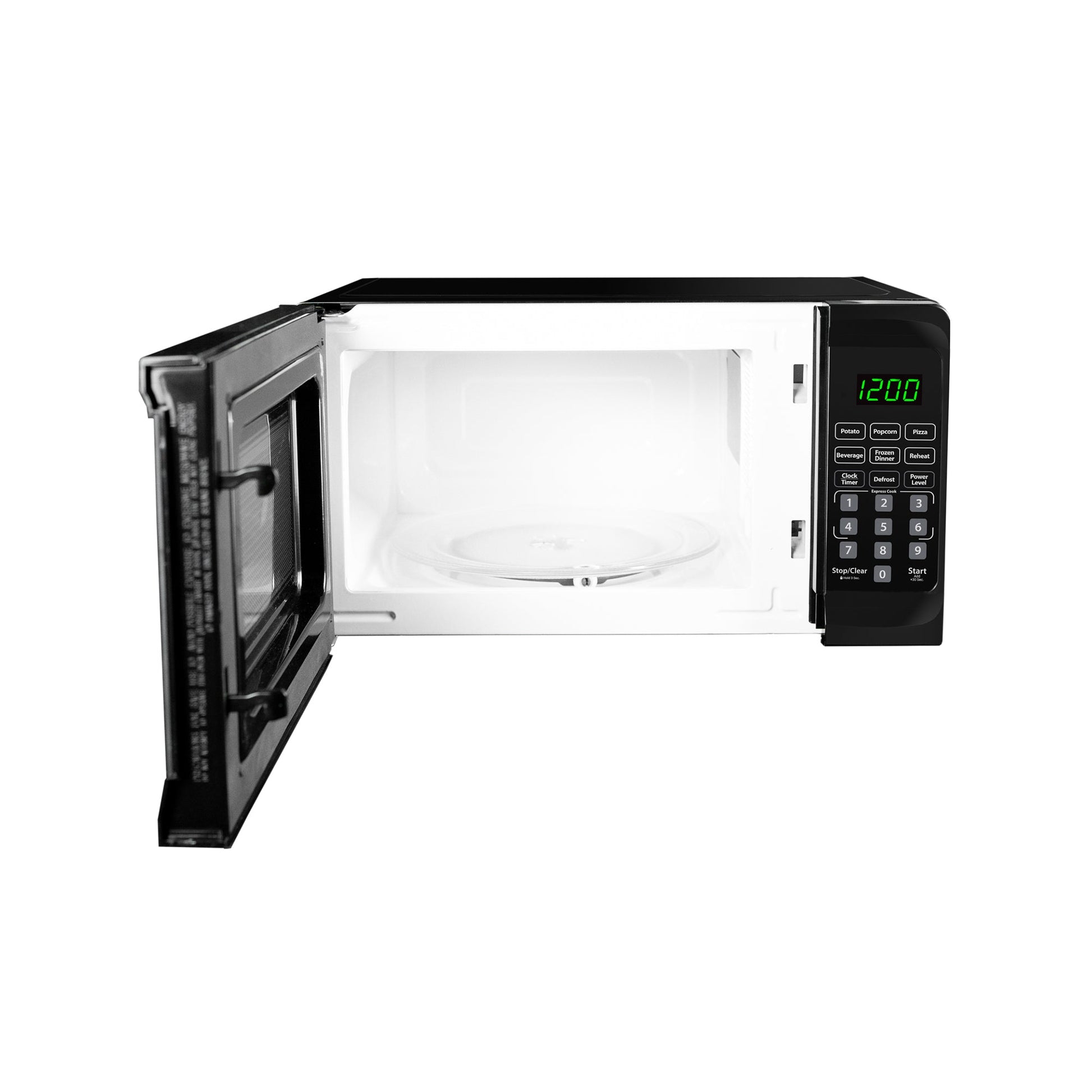Valiant Products Danby 0.7 cu. ft. black countertop microwave with open door and glass turntable