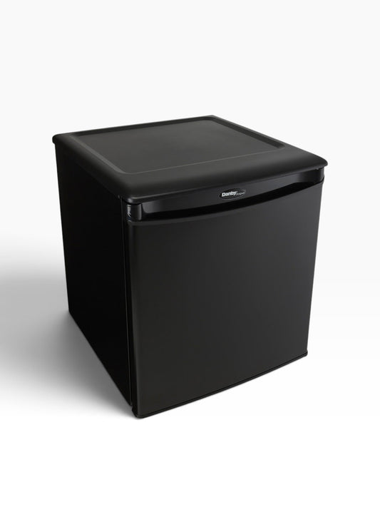 Valiant Products Danby Designer 1.7 cu. ft. compact black refrigerator with a scratch-resistant worktop.
