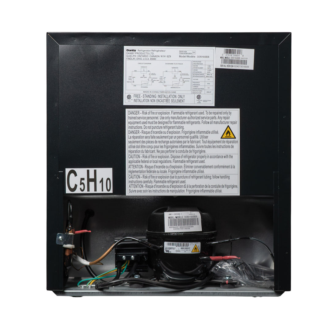Back view of Valiant Products Danby 1.6 cu. ft. compact refrigerator showing technical labels and power cord