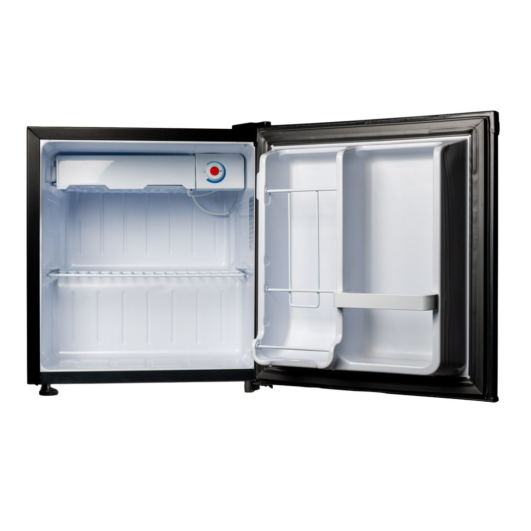 Valiant Products Danby 1.6 cu. ft. compact refrigerator with open door showing interior shelves and freezer section