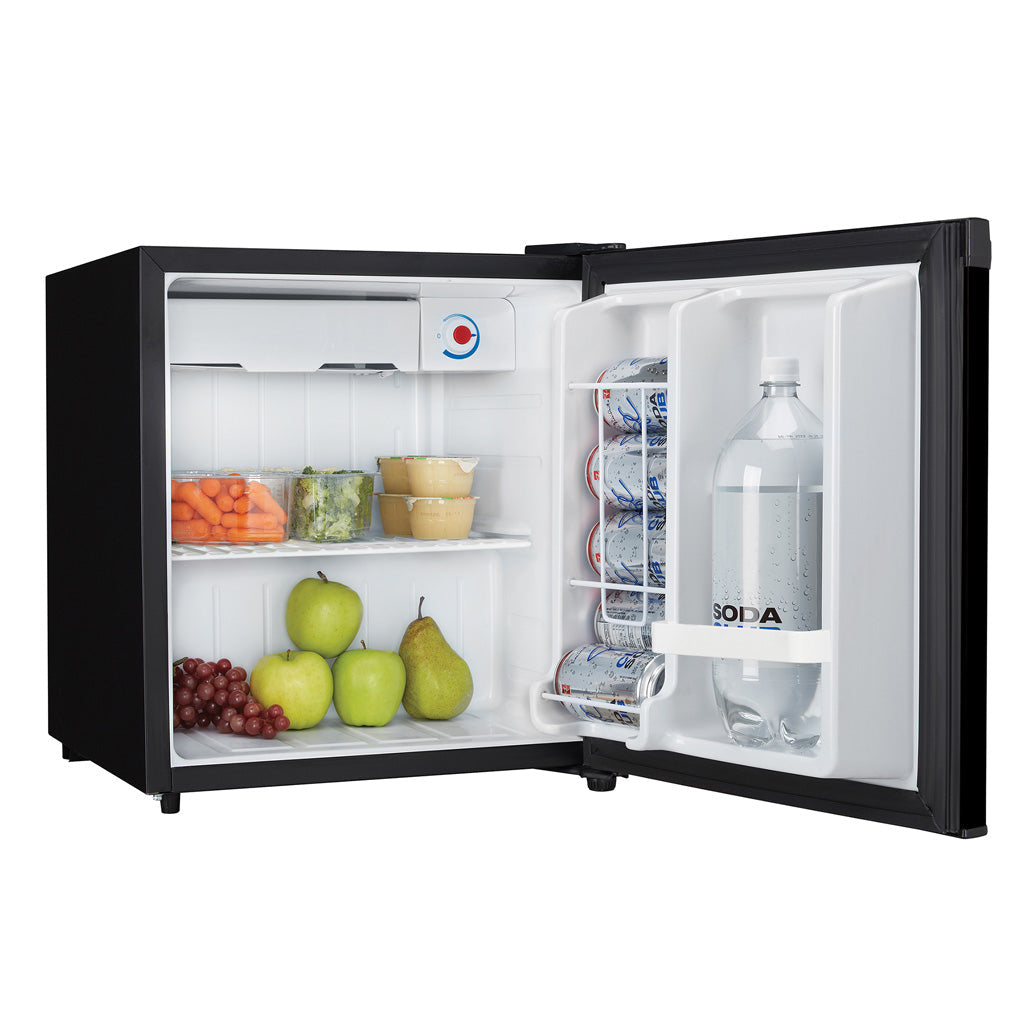 Valiant Products Danby 1.6 cu. ft. compact refrigerator with open door showing interior shelves and beverage storage