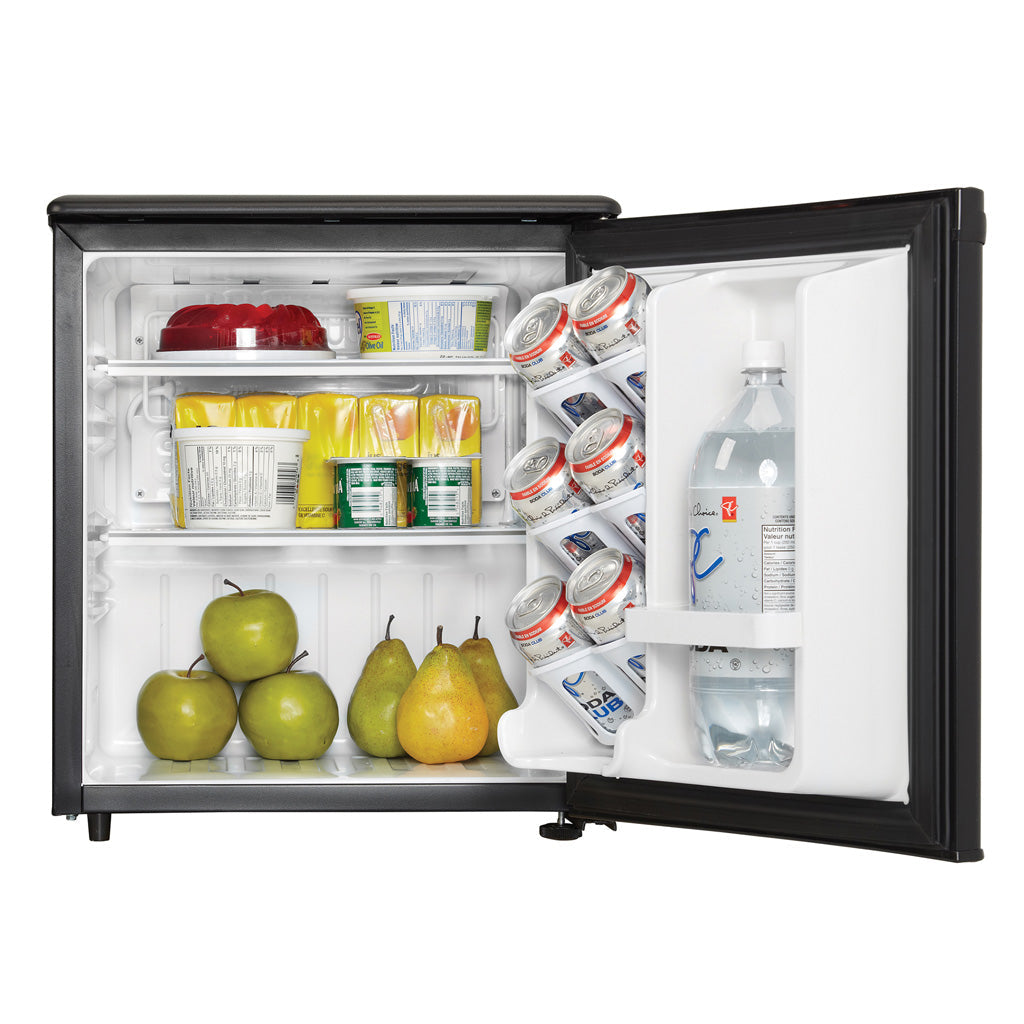 Valiant Products Danby compact refrigerator with door open, showing wire shelves, CanStor dispenser, and food items.