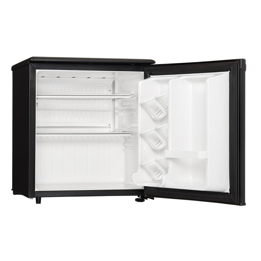 Valiant Products Danby Designer 1.7 cu. ft. compact refrigerator with open door, wire shelves, and beverage dispenser.