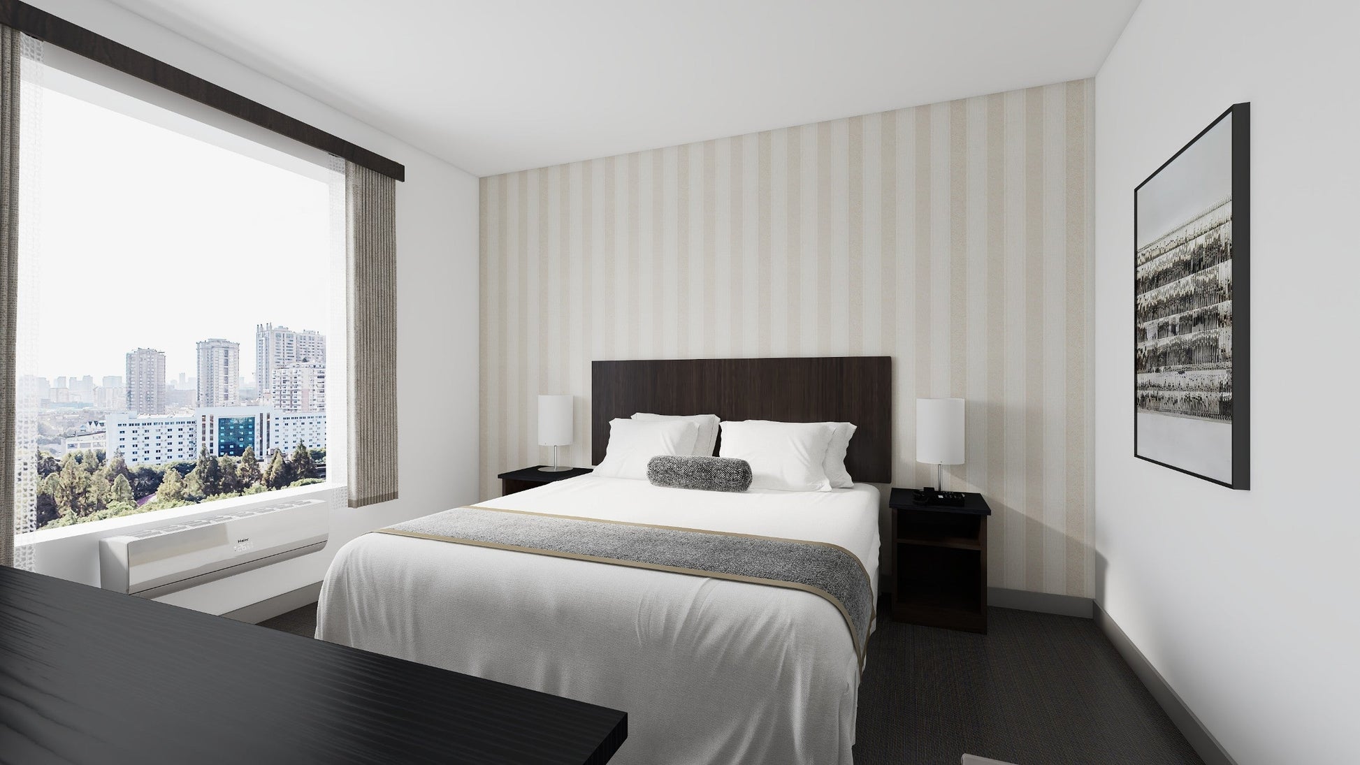 Valiant Products dark wood freestanding nightstand with open shelving in a modern hotel bedroom setting