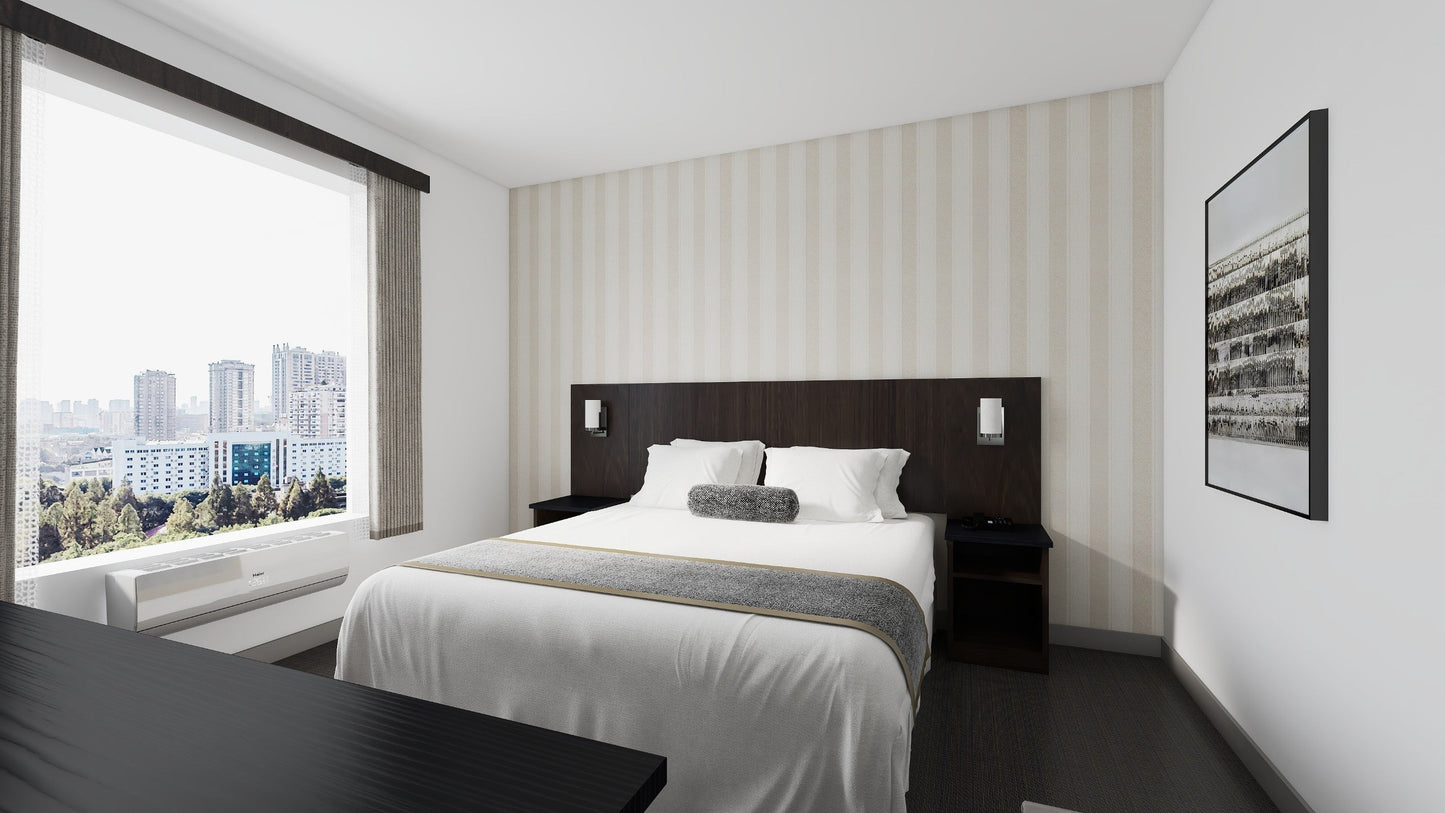 Valiant Products queen headboard in dark wood with a minimalist horizontal design in a modern guestroom setting