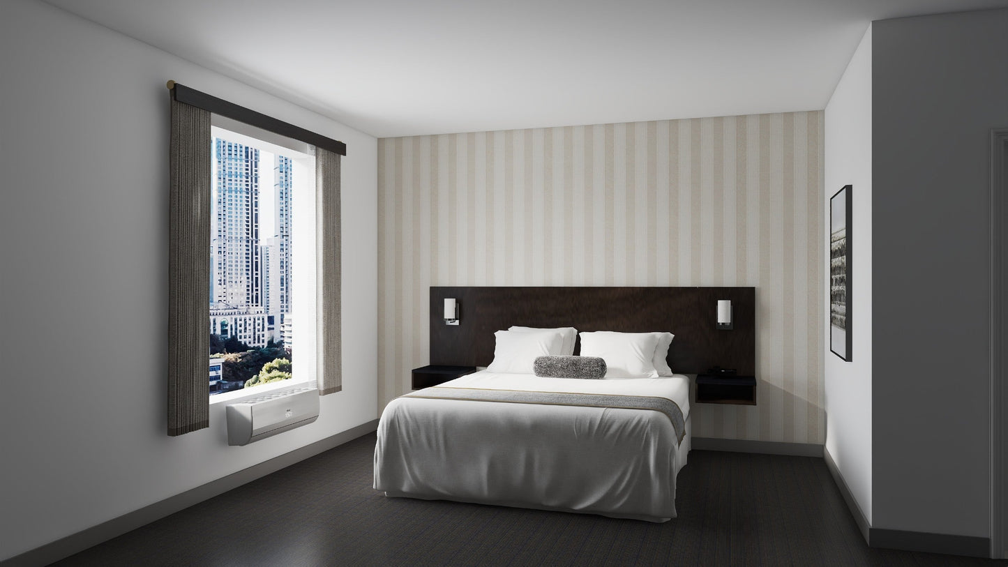 Valiant Products queen headboard in dark wood with integrated wall-mounted nightstands in a modern hotel bedroom.