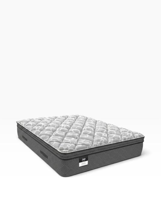 Valiant Products Sealy Posturepedic Decorah 13-inch soft Euro pillowtop mattress with grey knit fabric and side handles.