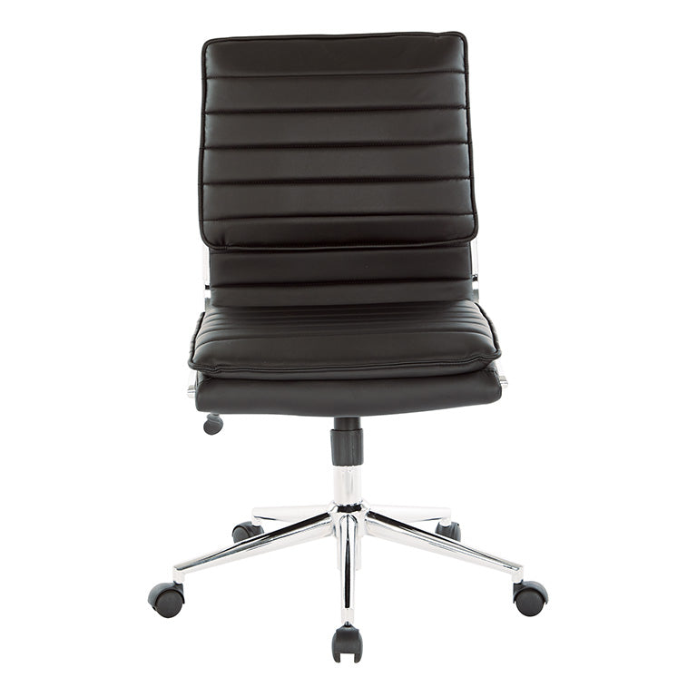 Valiant Products Dione Ergo Chair in black faux leather with a chrome base and armless design.