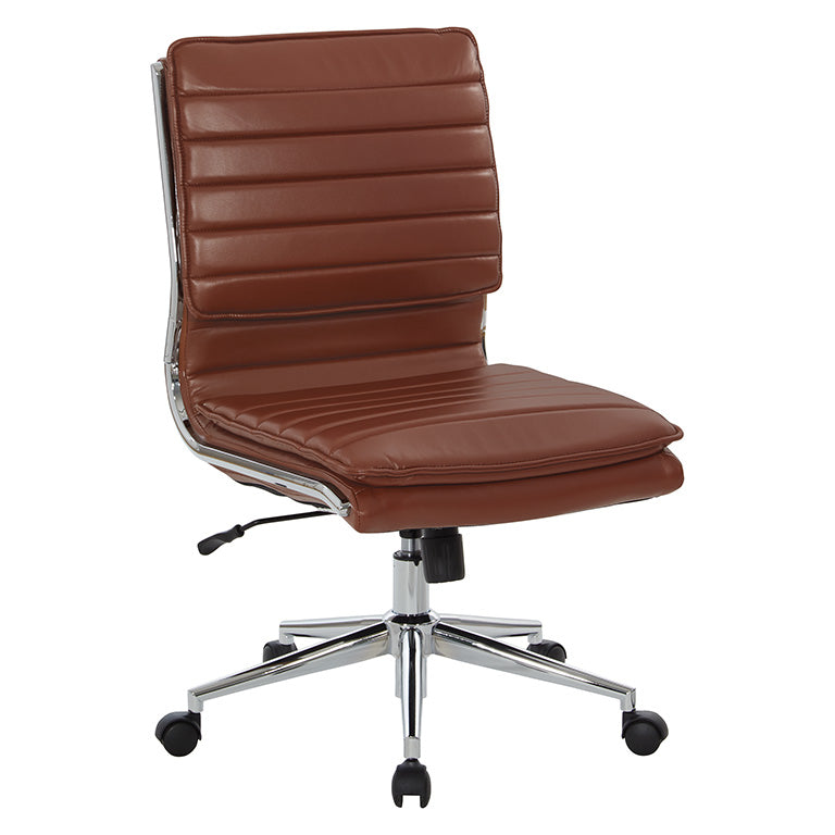 Valiant Products Dione Ergo Chair in brown faux leather with chrome base, armless design, and lumbar support.