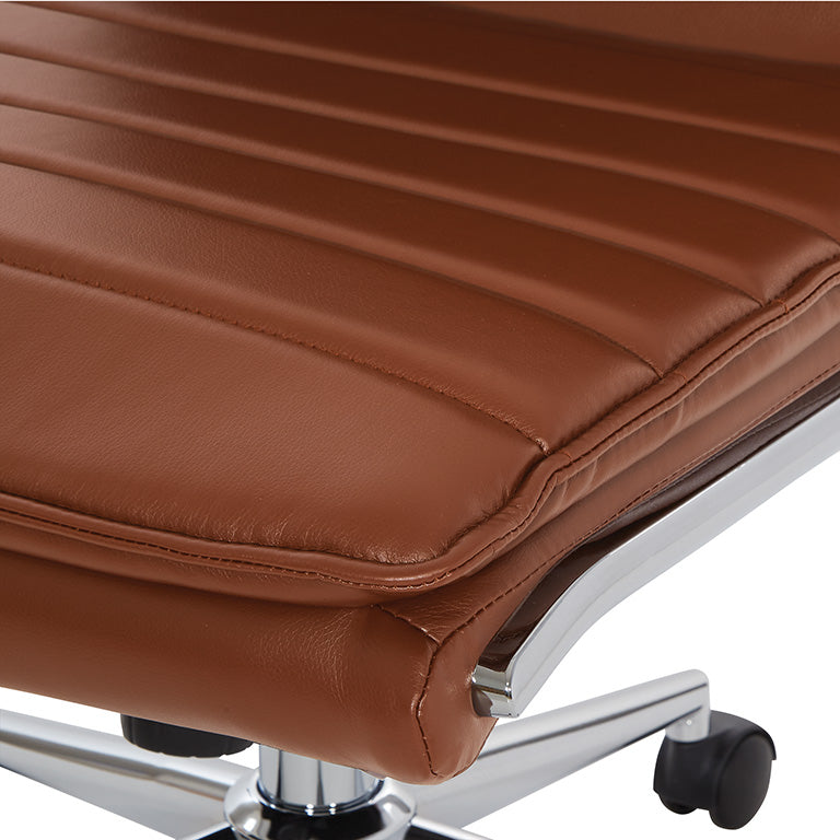 Valiant Products Dione Ergo Chair featuring brown faux leather upholstery with horizontal stitching and chrome base