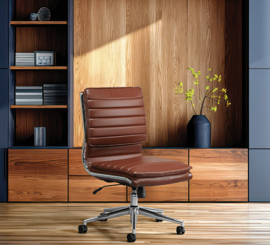 Valiant Products Dione Ergo Chair in brown faux leather with chrome frame and base in a modern office setting