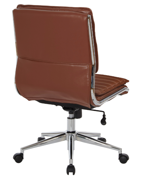 Valiant Products Dione Ergo Chair in brown faux leather with a chrome base and armless design, rear view.