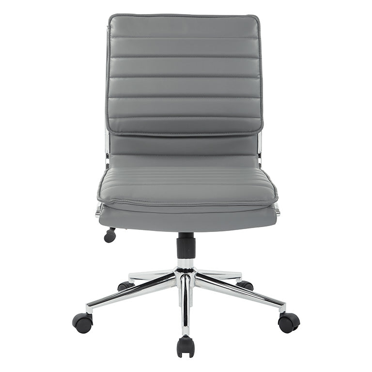 Valiant Products Dione Ergo Chair in grey faux leather with a chrome base and armless design for office comfort.