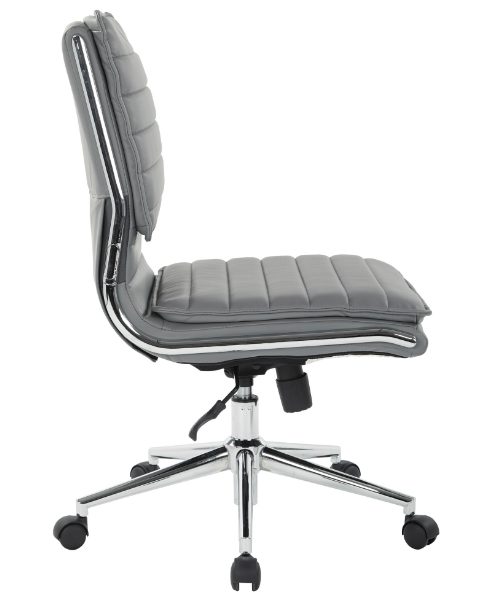 Valiant Products Dione Ergo Chair in grey faux leather with a chrome base and armless design, side view.