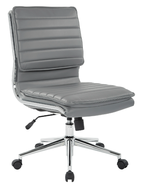 Valiant Products Dione Ergo Chair in grey faux leather with chrome base, armless design, and built-in lumbar support.