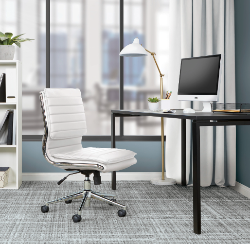 Valiant Products Dione Ergo Chair in white faux leather with chrome base and lumbar support in a modern home office