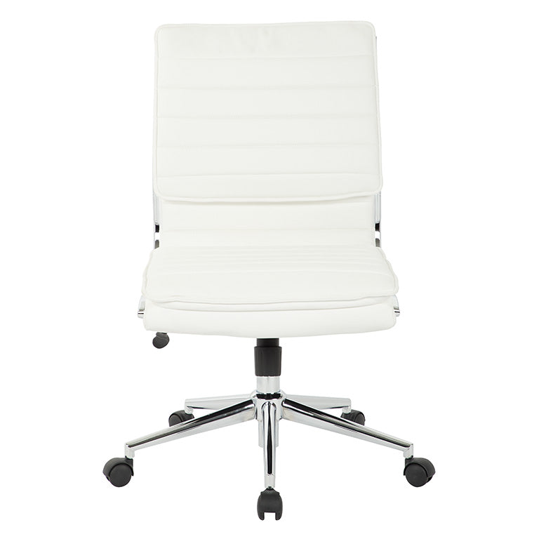 Valiant Products Dione Ergo Chair in white faux leather with a chrome base and armless design.