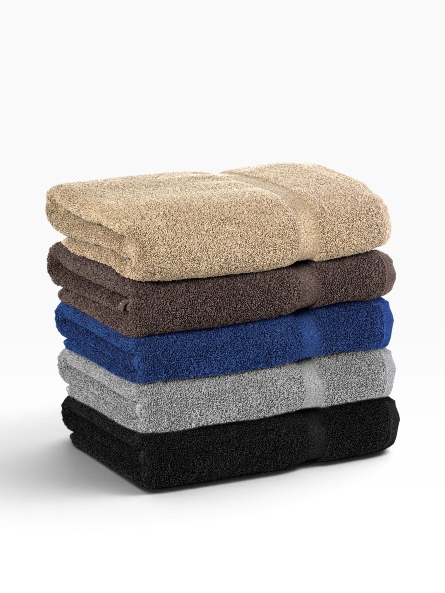 Valiant Products Colors dobby border bath towels stacked in khaki, brown, navy, grey, and black ring-spun cotton.