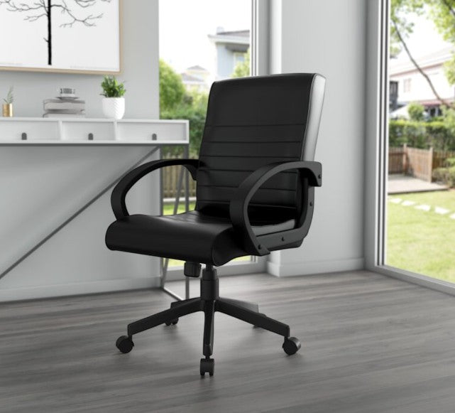 Valiant Products Dolan black ribbed back ergonomic office chair with fixed arms and nylon base in a modern home office.