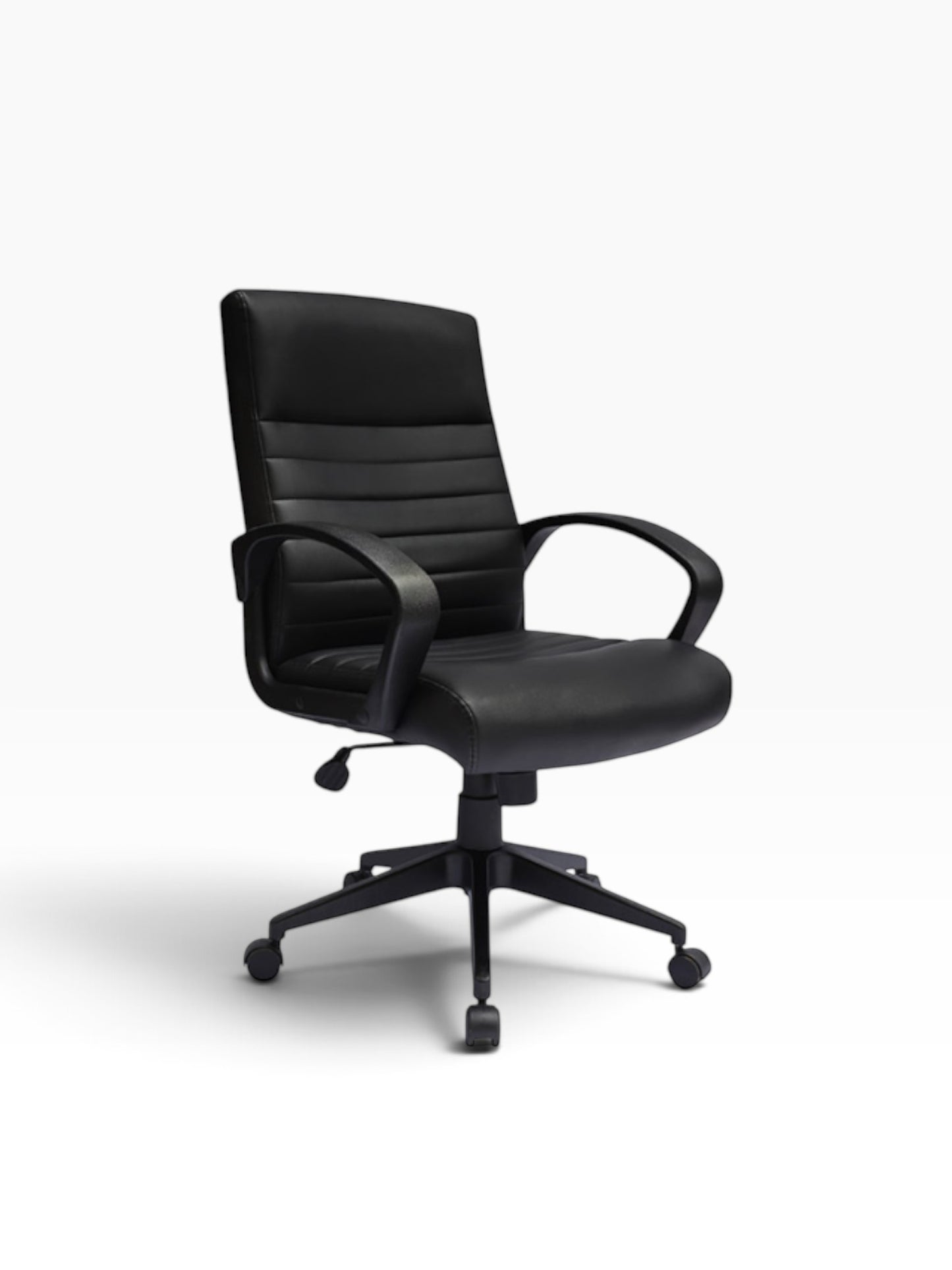Valiant Products Dolan black ribbed back ergonomic office chair with CaressoftPlus vinyl upholstery and nylon base.