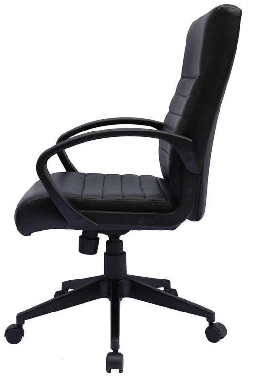 Valiant Products Dolan ribbed back ergonomic office chair in black CaressoftPlus vinyl with fixed arms, side view.