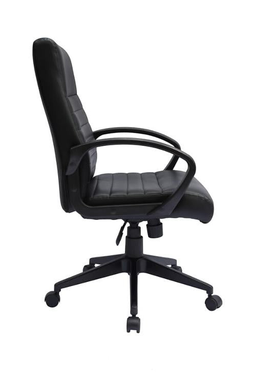 Valiant Products Dolan black ribbed ergonomic office chair with fixed arms and nylon base, side view.