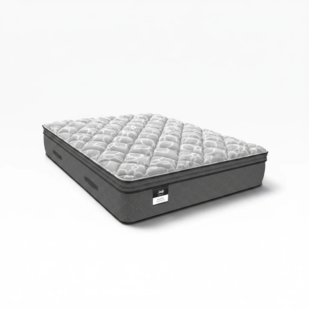 Valiant Products Sealy Posturepedic Dunmore soft 1-sided Euro pillowtop mattress with grey antimicrobial knit fabric.