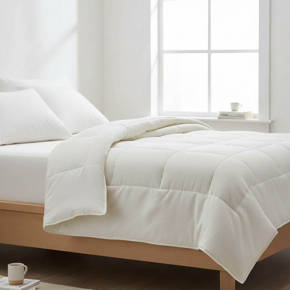 Valiant Products EcoPure white quilted down alternative blanket on a bed with a cotton shell and box stitch design.