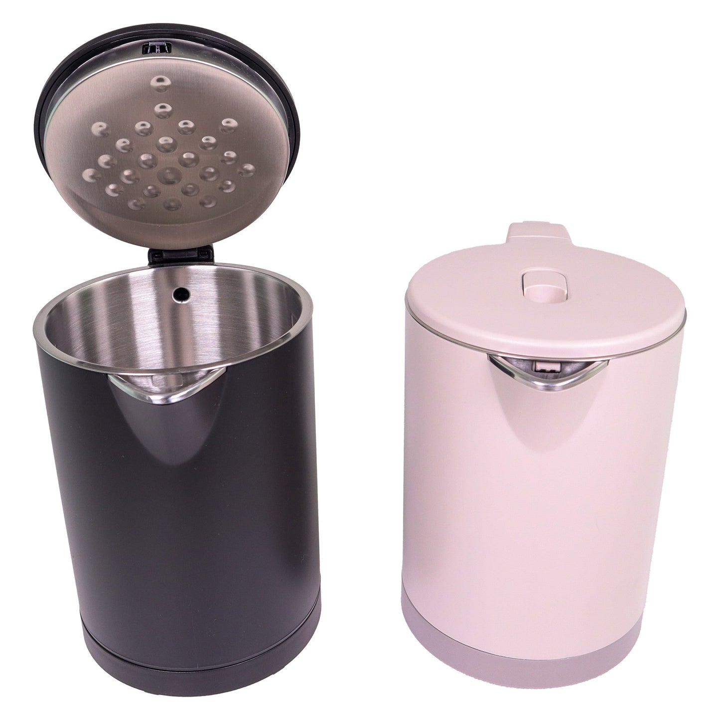 Valiant Products K-608 electric kettles in black and grey with stainless steel interiors and anti-scalding design