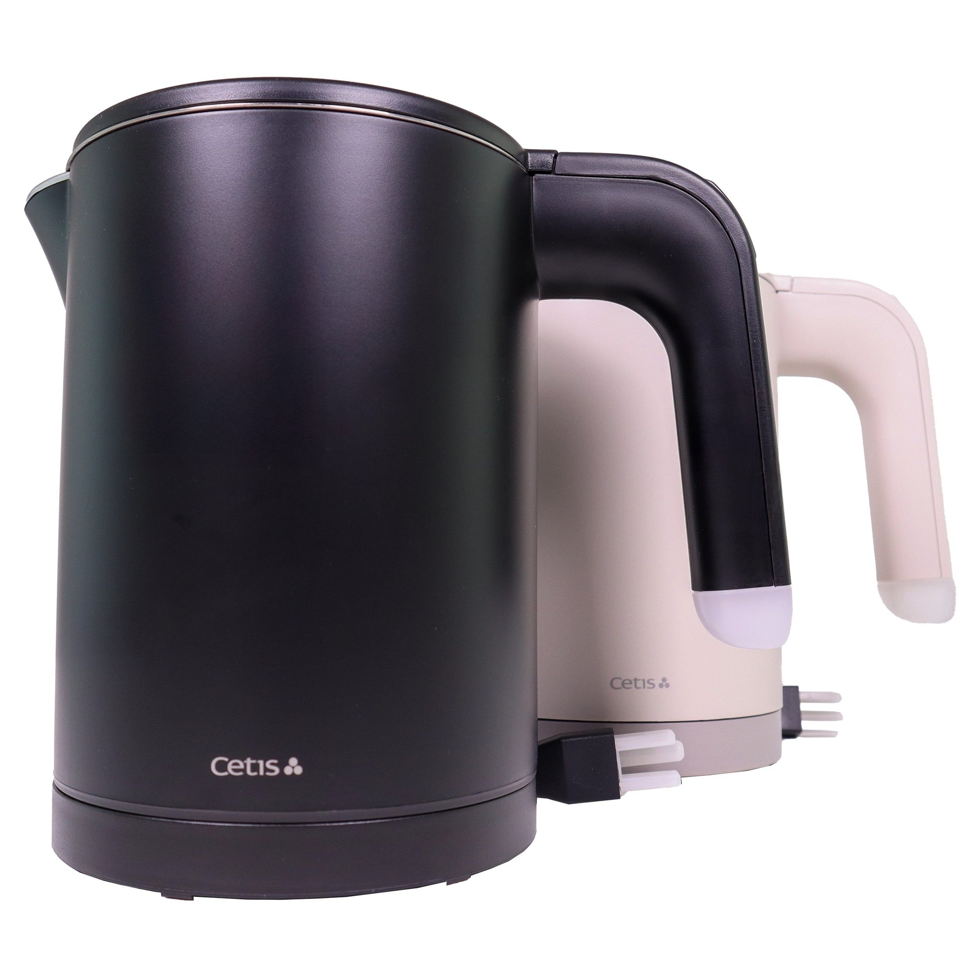 Valiant Products K-608 electric kettles in black and grey with anti-scalding insulation and stainless steel liner